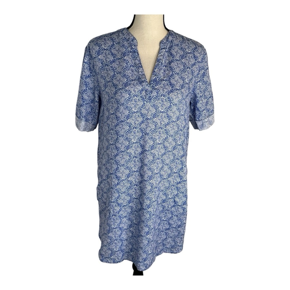 Sigrid Olsen Dress Small Coastal 100% Linen Roll Tab Long Sleeve Pockets Blue